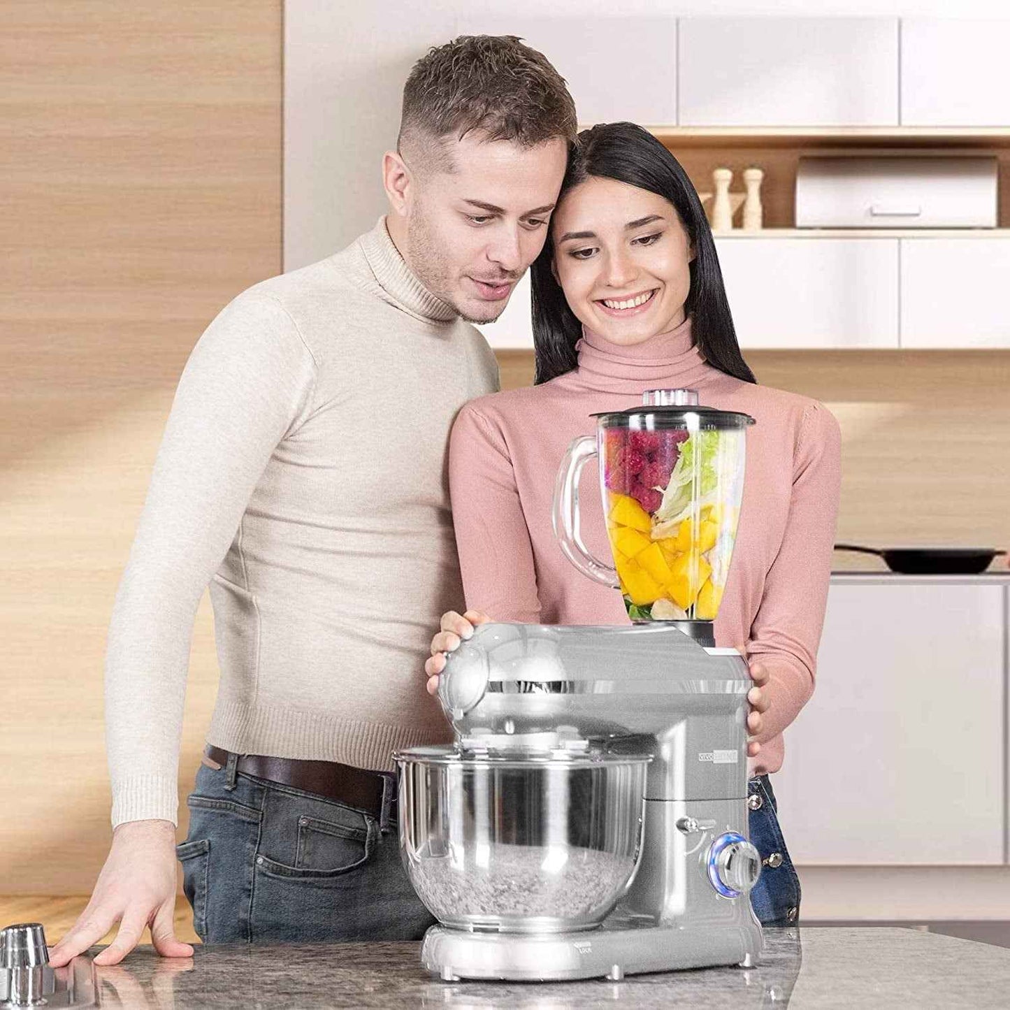 SPECSTAR 3 in 1 Stand Mixer with 6 Quart Stainless Steel Bowl, 650W 6-Speed Tilt-Head Meat Grinder, Silver