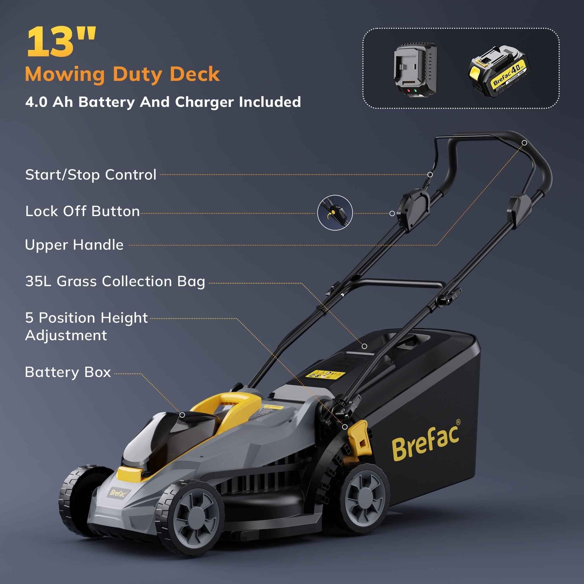 Brefac 20V 13'' Cordless Lawn Mower, Multi-Functional Grass Cutter with 4.0Ah Battery, 5 Adjustable Height Settings, Durable Manganese Steel Blades, Easy to Use for Small Lawn