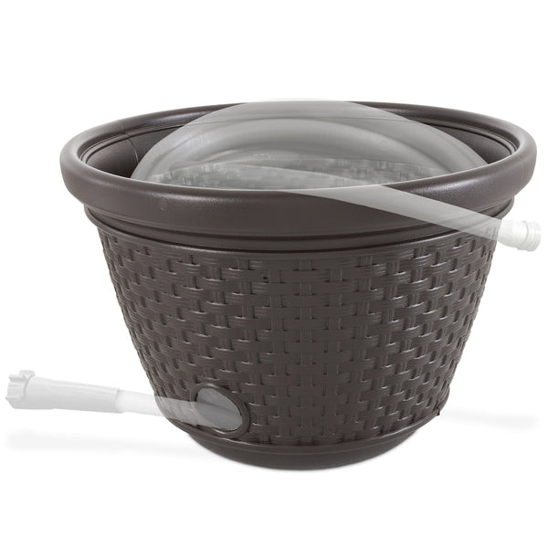 Suncast 100 Foot Resin Wicker Garden Water Hose Caddy Storage Holder Pot, Java