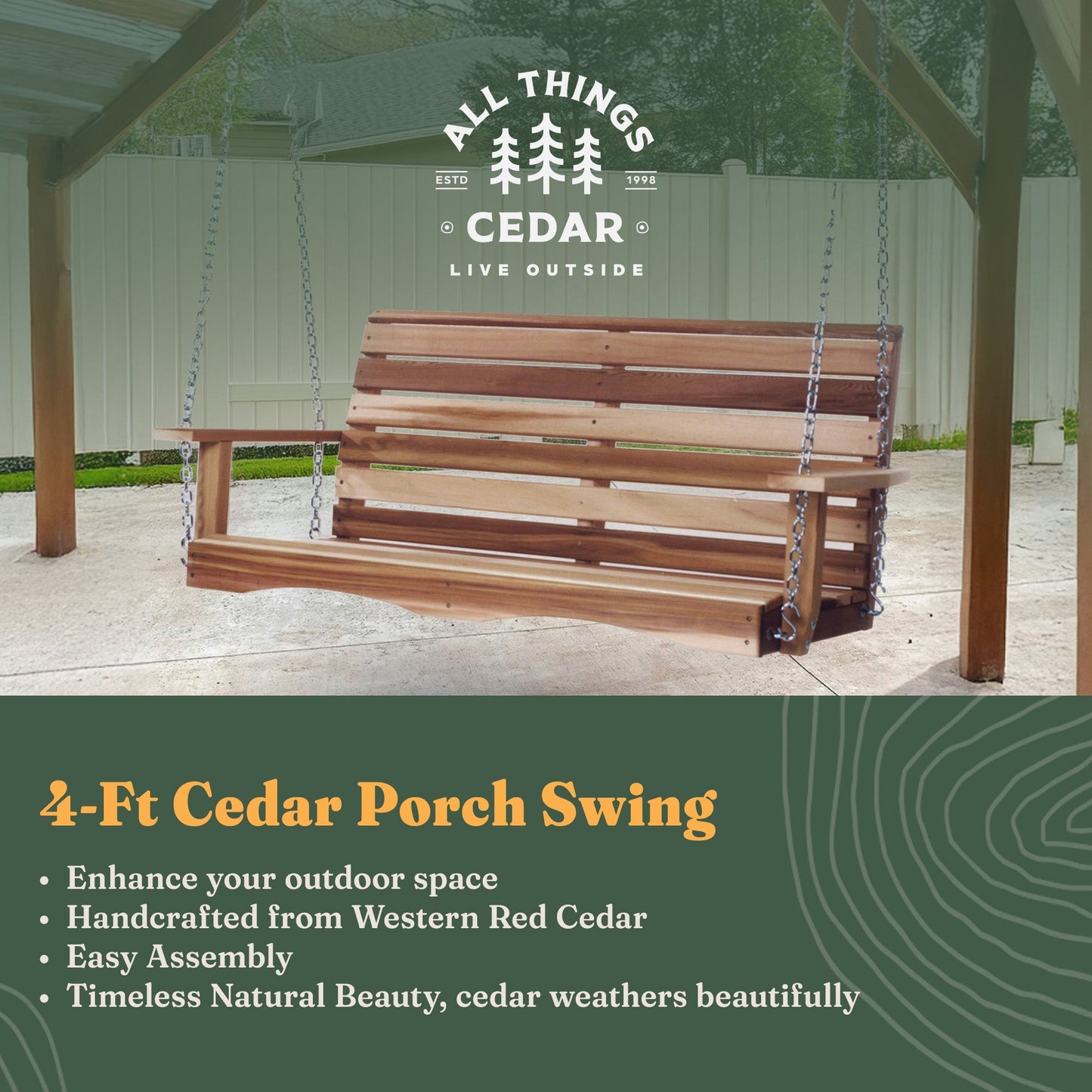 All Things Cedar 4 Foot Wooden Porch Swing Outdoor Patio Furniture, Natural