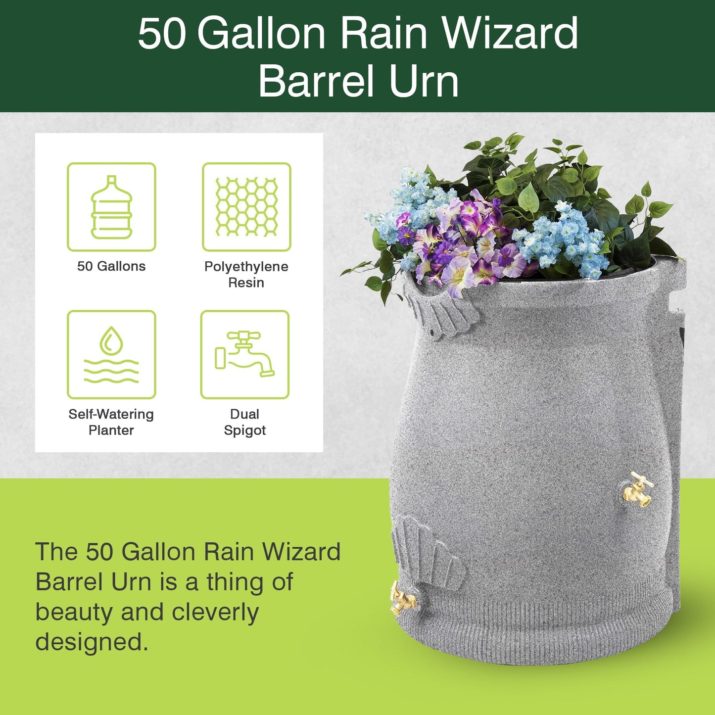Good Ideas Rain Wizard 50 Gallon Plastic Rain Barrel Urn, Light Granite (4 Pack)