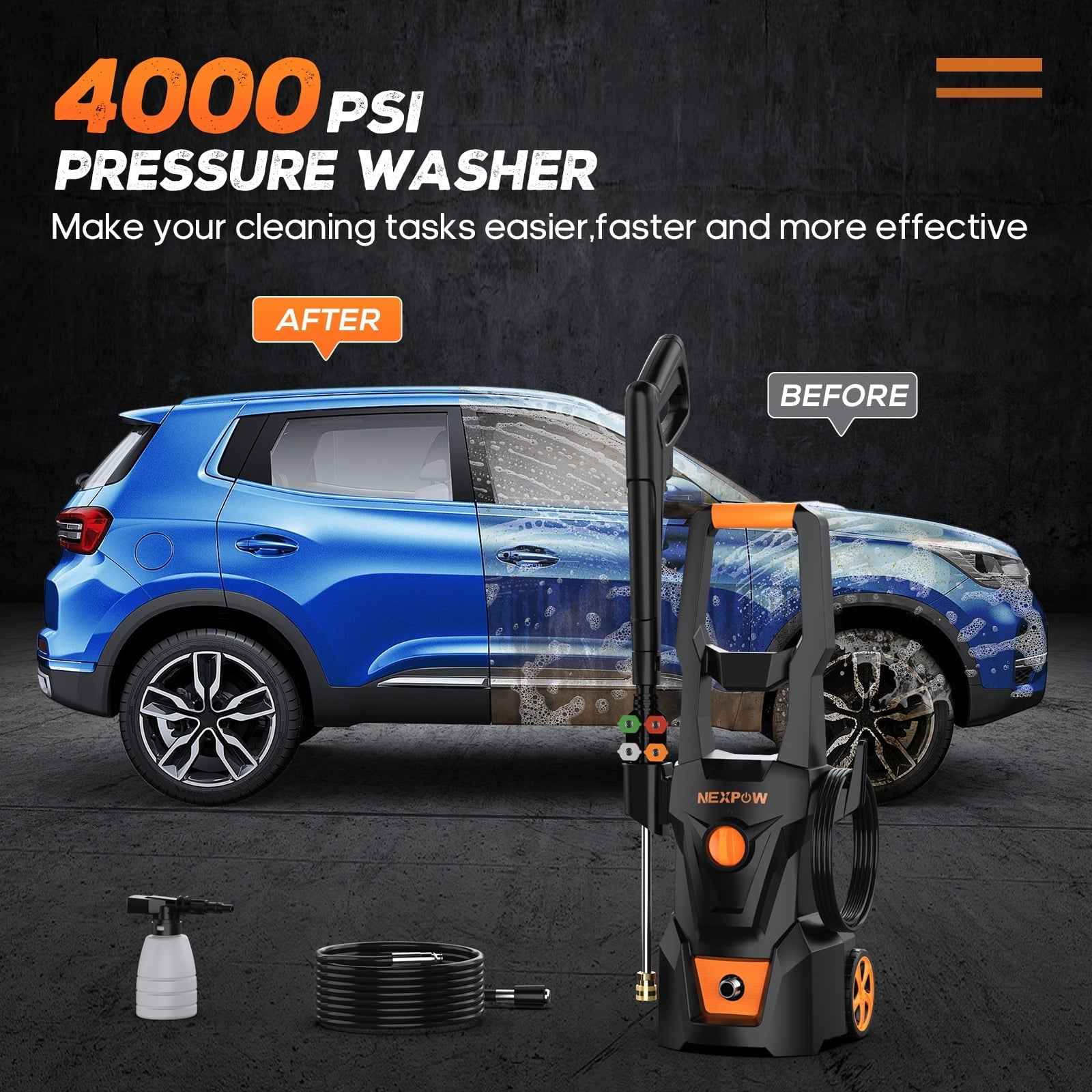 NEXPOW Electric Pressure Washer, 4000PSI Max 2.6 GPM Power Washer with 30 ft Hose, 4 Different Pressure Tips, Foam Cannon, Perfect for Cars, Patios