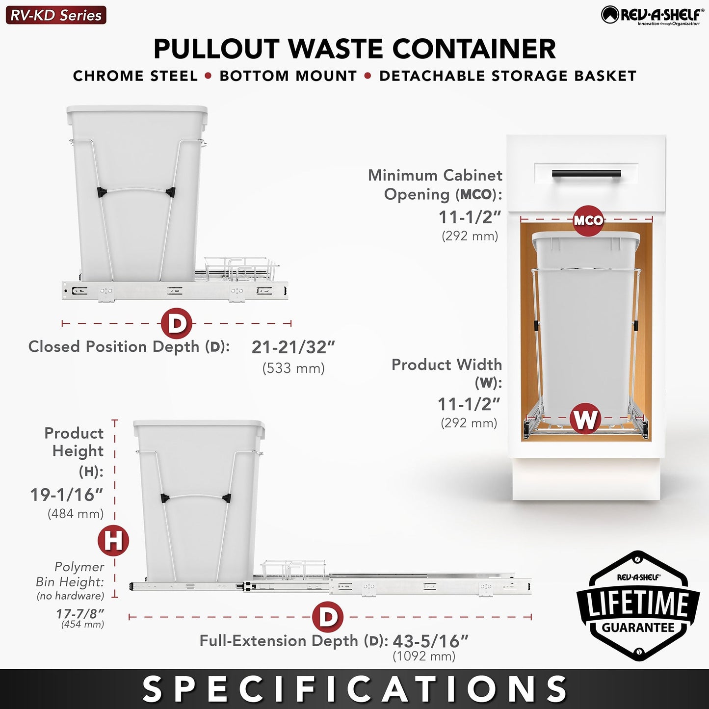 Rev-A-Shelf Pullout Trash Can 35 qt. for Kitchen Cabinets, Silver, RV-12KD-17C S