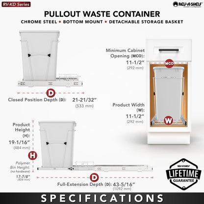 Rev-A-Shelf Pullout Trash Can 35 qt. for Kitchen Cabinets, Silver, RV-12KD-17C S