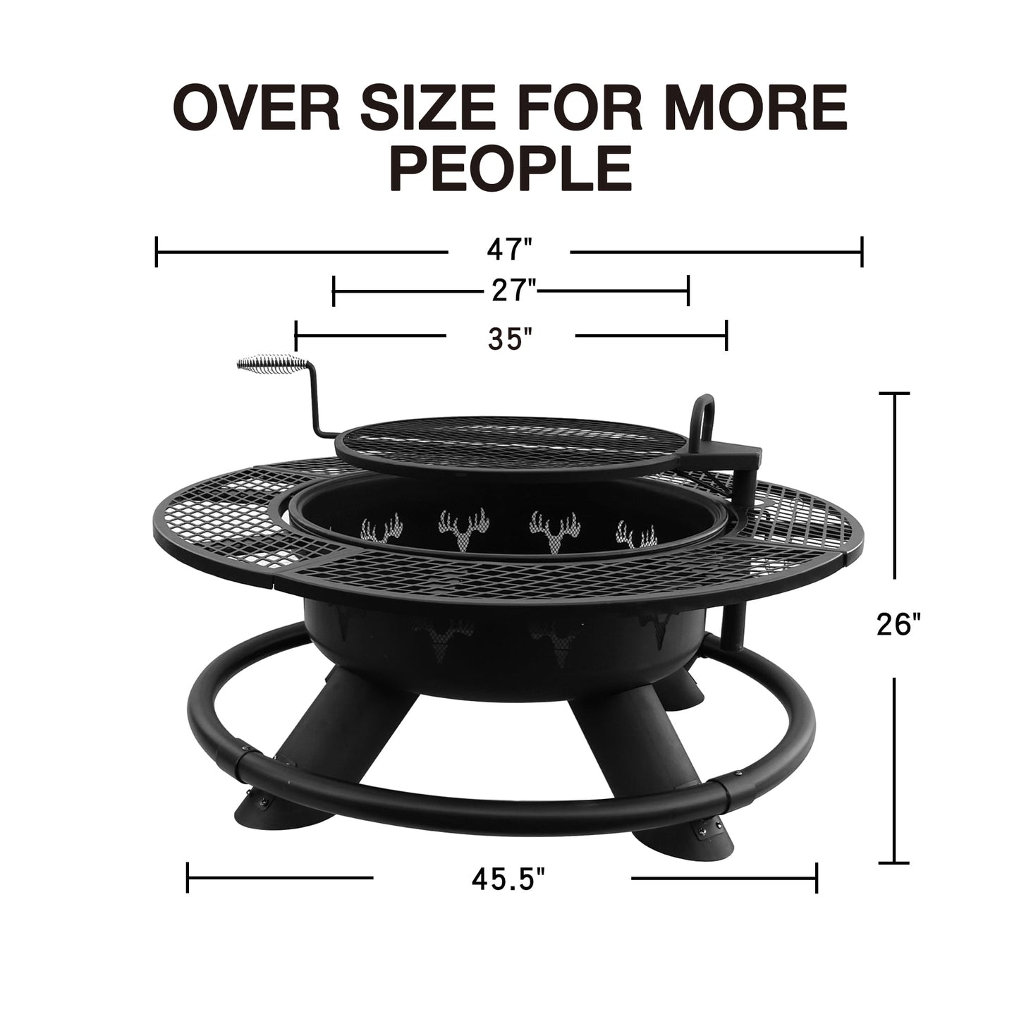 Bestier Fire Pit with Grills Grate, 47" Outdoor Firepit for Outside Wood Burning, Round Metal Fire Pits for Patio, Picnic, Party, BBQ, Deer Head Style