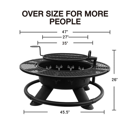 Bestier Fire Pit with Grills Grate, 47" Outdoor Firepit for Outside Wood Burning, Round Metal Fire Pits for Patio, Picnic, Party, BBQ, Deer Head Style