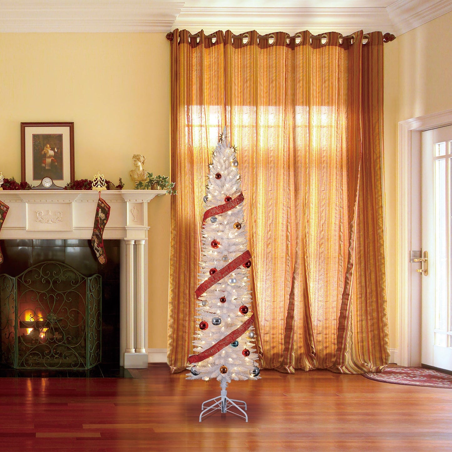 Home Heritage Tinsel 7' Pencil 150 LED Pre-Lit Artificial Christmas Tree, White