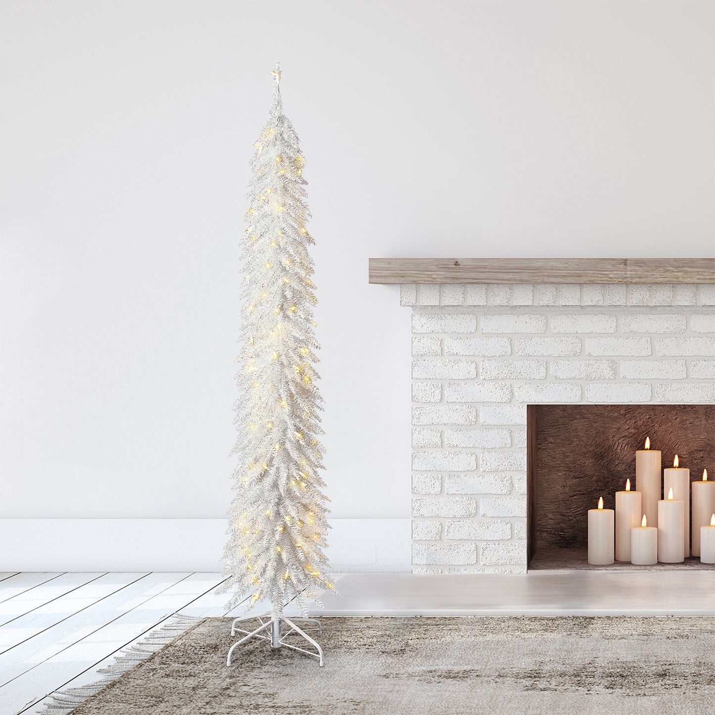 Home Heritage Tinsel 7' Pencil 150 LED Pre-Lit Artificial Christmas Tree, White