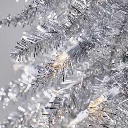 Home Heritage Tinsel 7' Pencil 150 LED Pre-Lit Artificial Christmas Tree, Silver