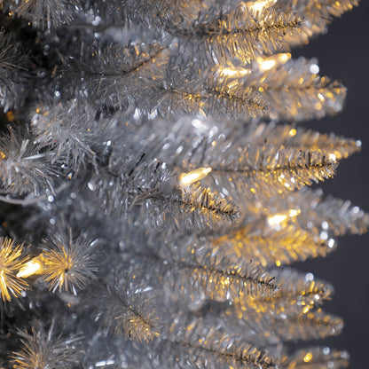 Home Heritage Tinsel 7' Pencil 150 LED Pre-Lit Artificial Christmas Tree, Silver