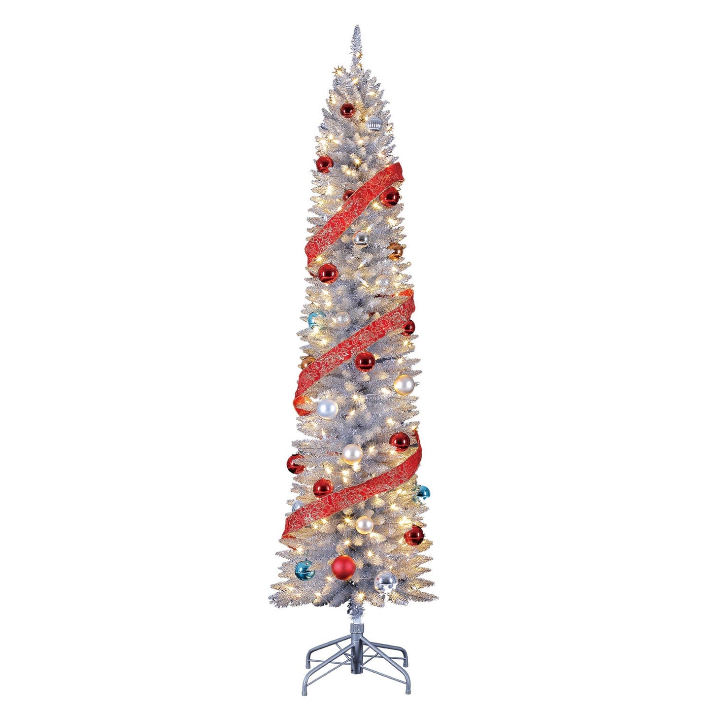 Home Heritage Tinsel 7' Pencil 150 LED Pre-Lit Artificial Christmas Tree, Silver