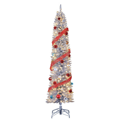 Home Heritage Tinsel 7' Pencil 150 LED Pre-Lit Artificial Christmas Tree, Silver
