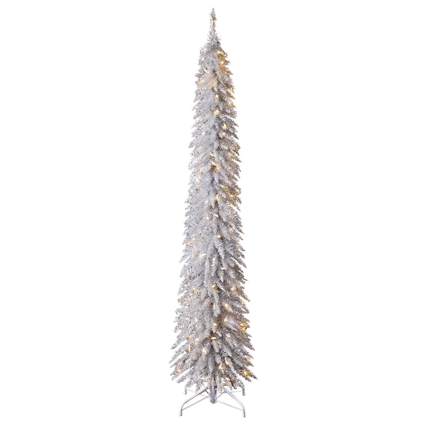 Home Heritage Tinsel 7' Pencil 150 LED Pre-Lit Artificial Christmas Tree, Silver