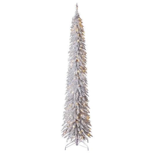 Home Heritage Tinsel 7' Pencil 150 LED Pre-Lit Artificial Christmas Tree, Silver