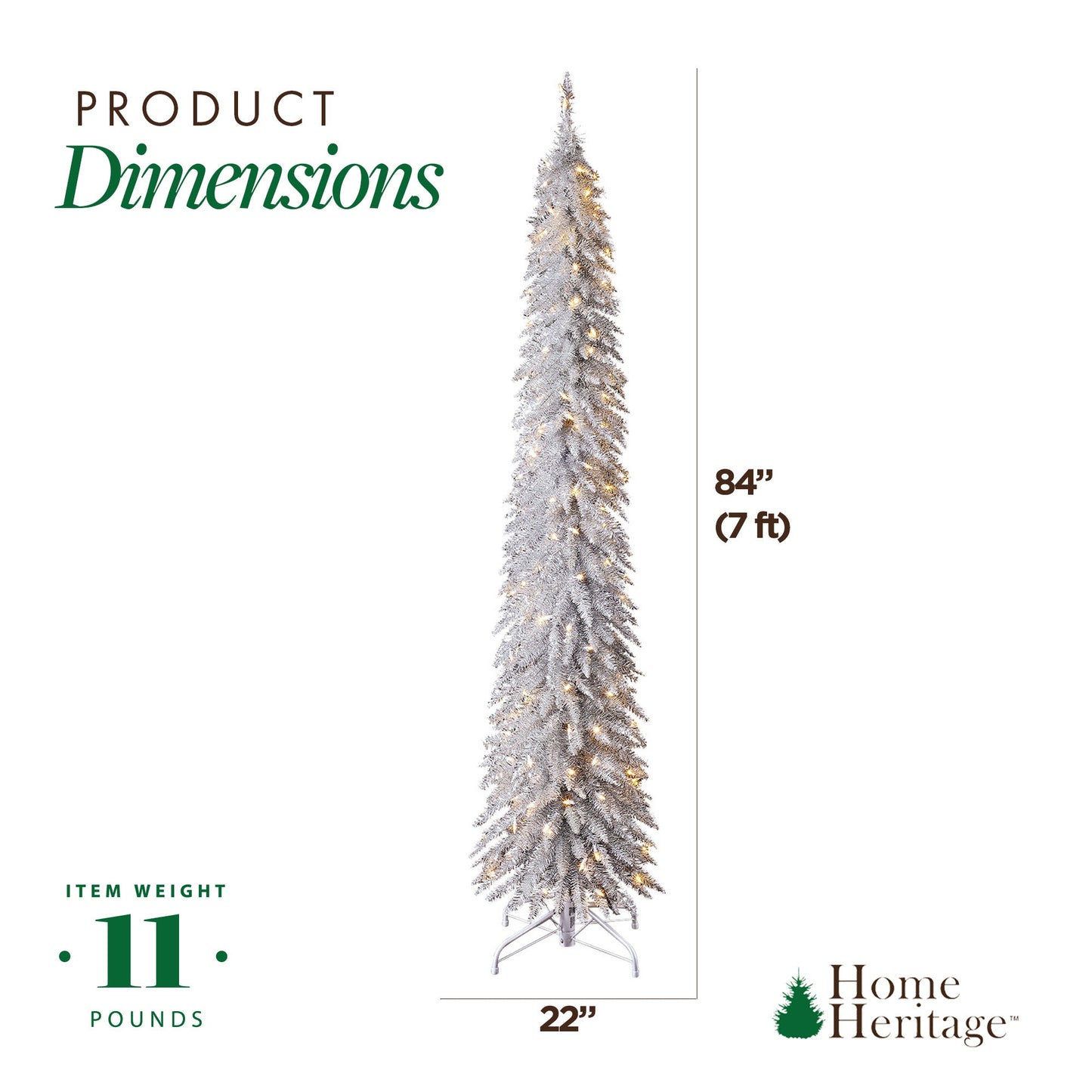 Home Heritage Tinsel 7' Pencil 150 LED Pre-Lit Artificial Christmas Tree, Silver