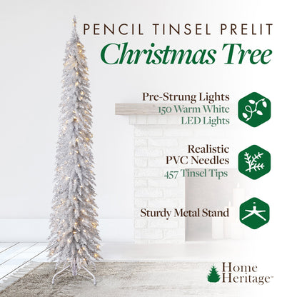 Home Heritage Tinsel 7' Pencil 150 LED Pre-Lit Artificial Christmas Tree, Silver
