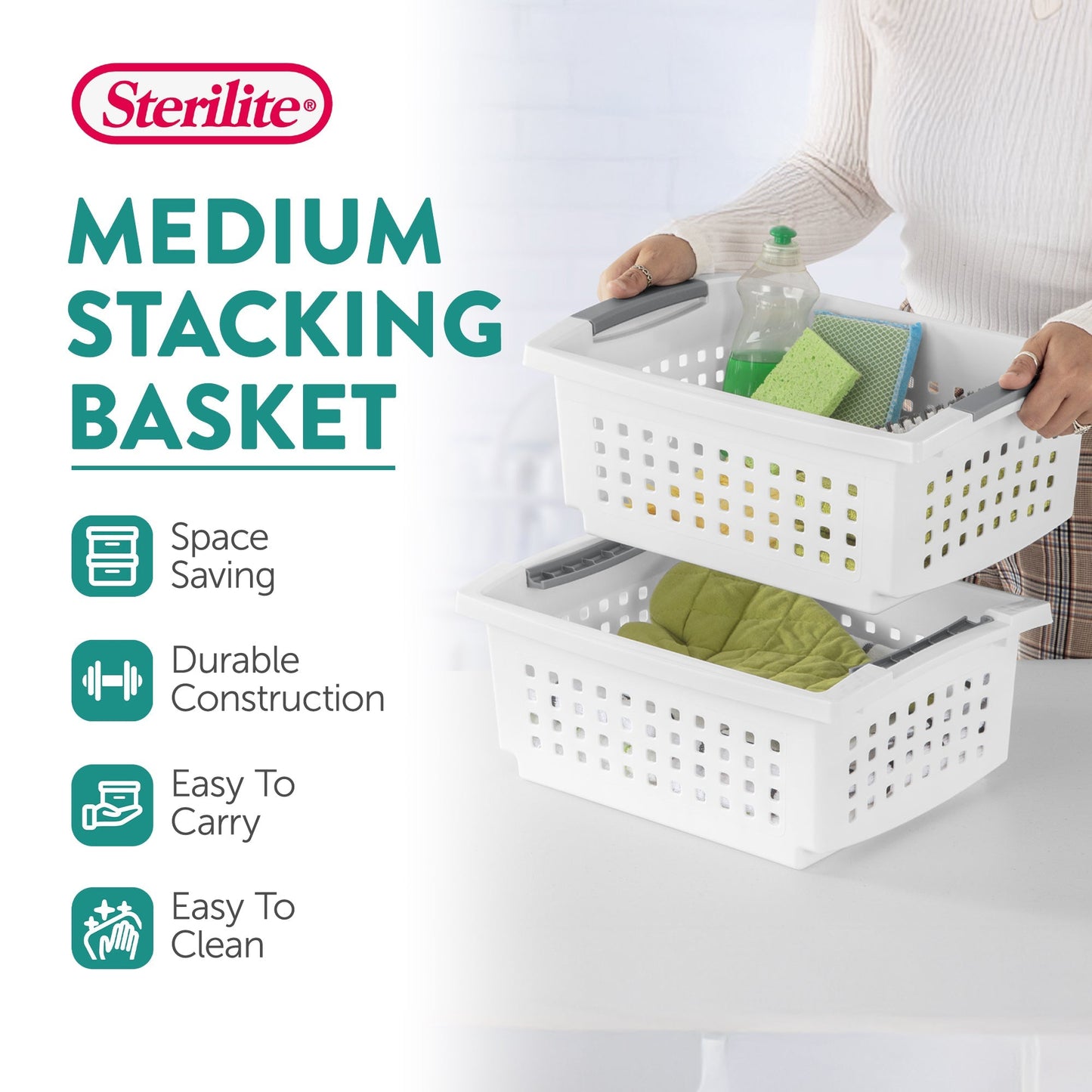 Sterilite Medium Plastic Stackable Storage Organizer Basket Bin, White (10 Pack)