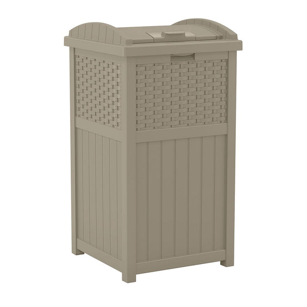 Suncast Wicker Resin Outdoor Hideaway Trash Can with Latching Lid, Dark Taupe