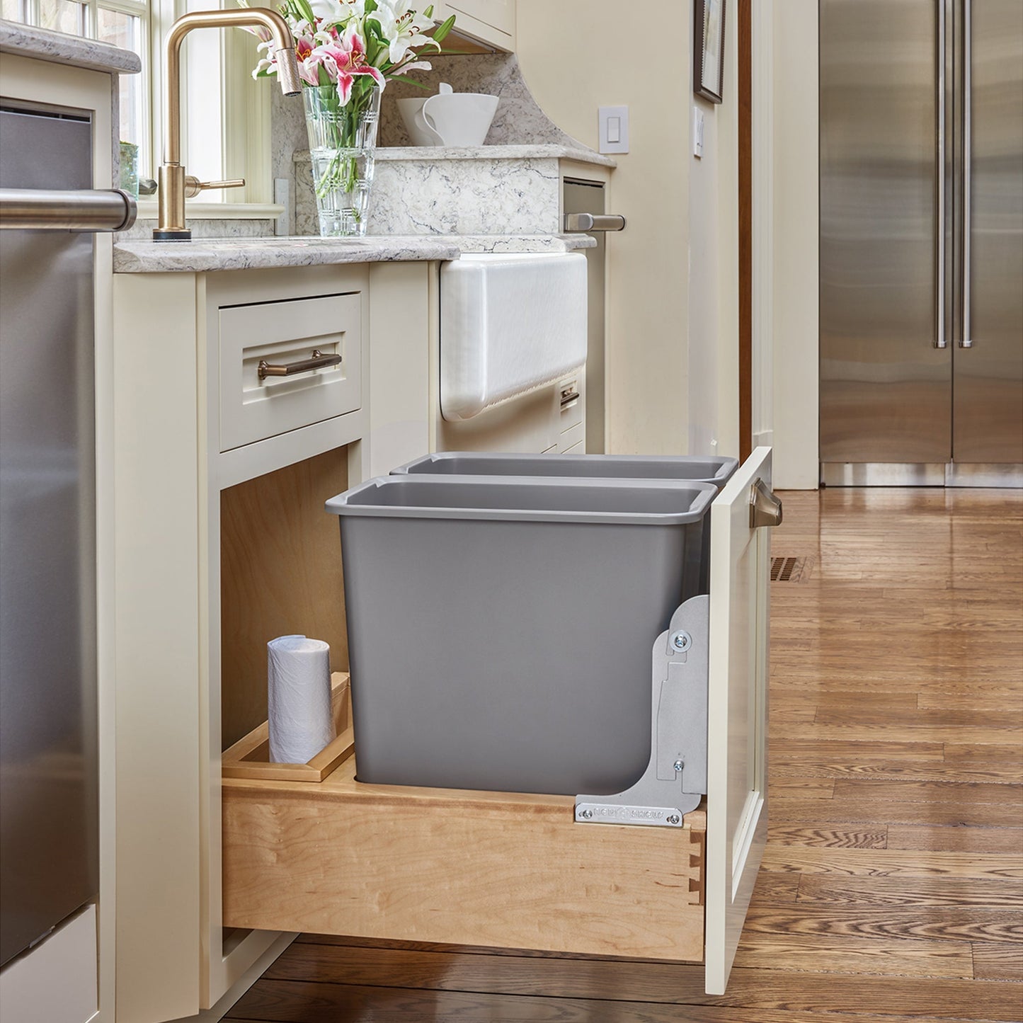 Rev-A-Shelf Double Pullout Bottom Mount Trash Cans 35 qt., Gray, 4WCBM-18DM-2