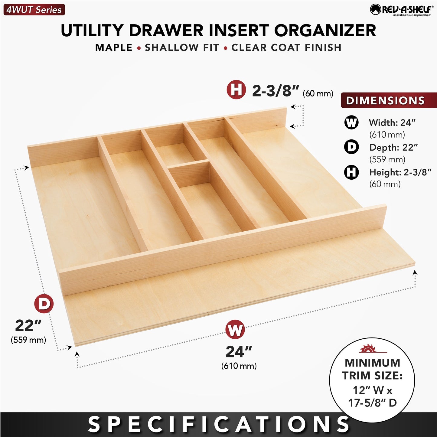 Rev-A-Shelf Trim-to-Fit Shallow Drawer Organizer, 23.98 x 21.97 In, 4WUT-3SH