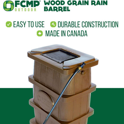 FCMP Outdoor WG4000-GRY Home Outdoor Wood Grain Rain Water Catcher Barrel, Gray