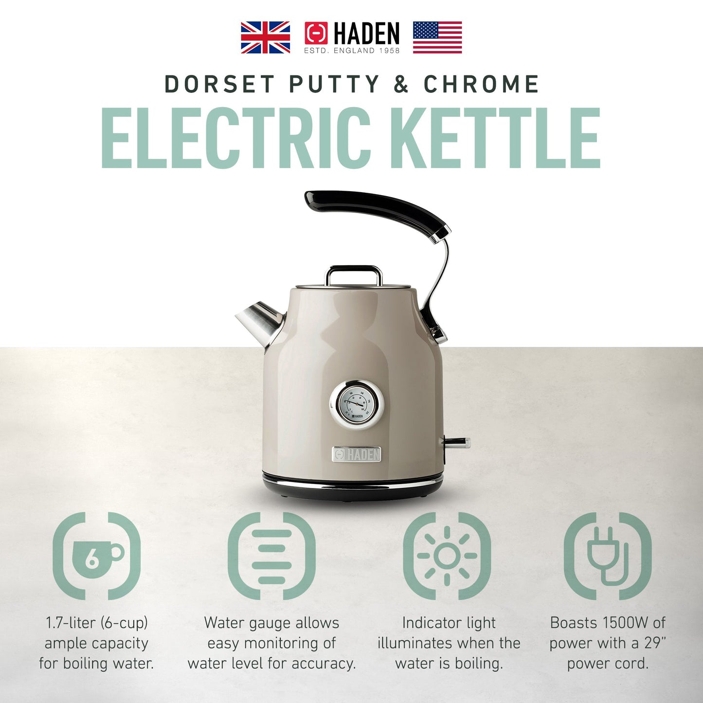 Haden Dorset 1.7 Liter Electric Water Kettle w/ 360-Degree Base, Putty & Chrome