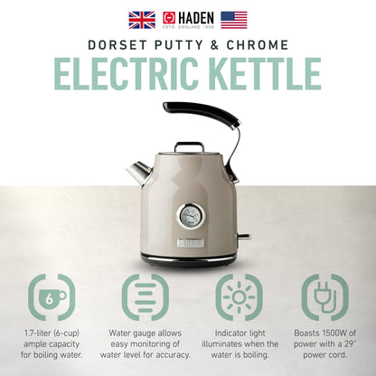 Haden Dorset 1.7 Liter Electric Water Kettle w/ 360-Degree Base, Putty & Chrome