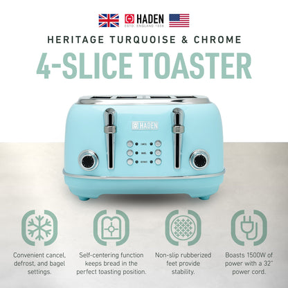 Haden Heritage 4 Slice Wide Slot Stainless Steel Toaster, Turquoise & Chrome
