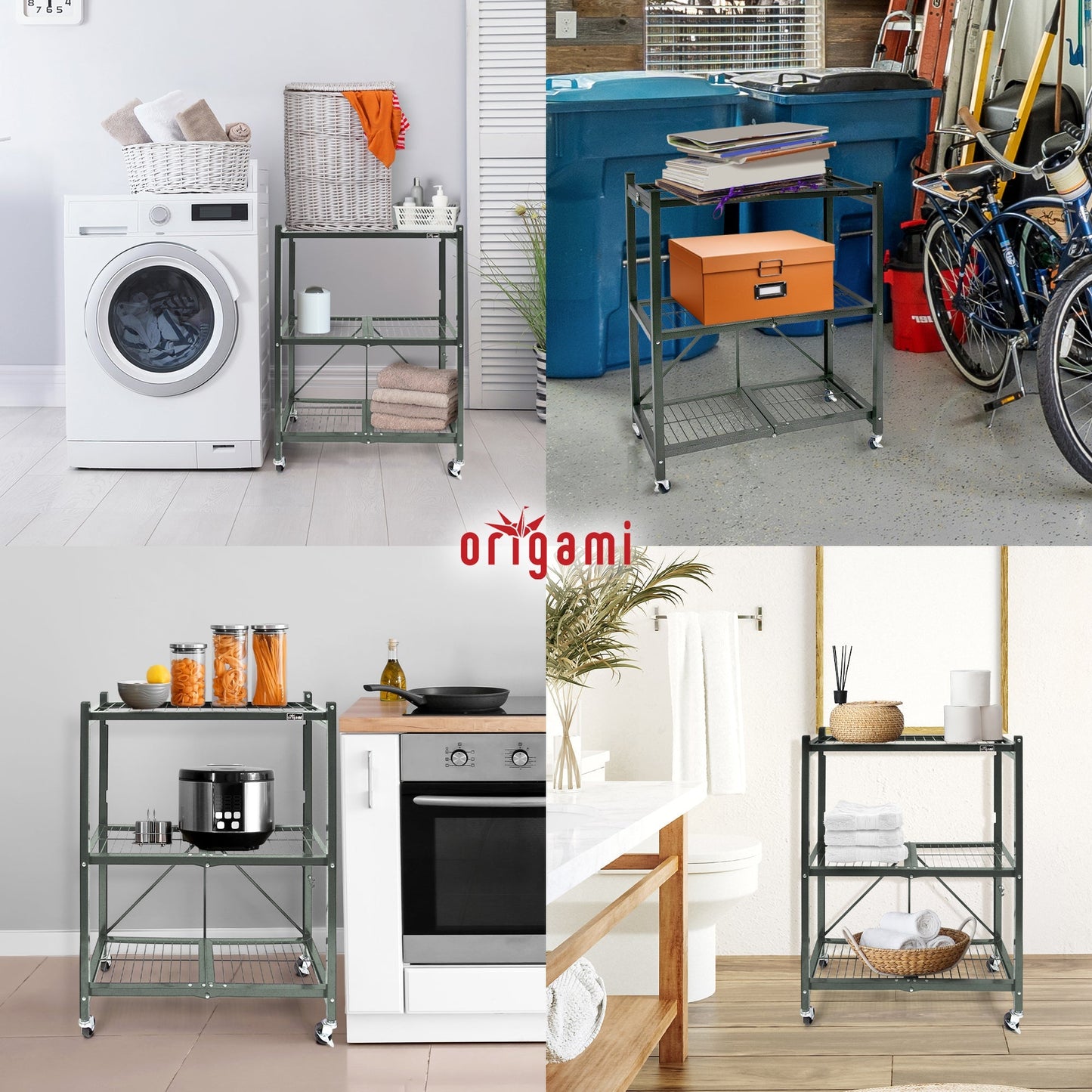 Origami R3 Foldable 3-Tiered Shelf Storage Rack & Wheels, Pewter (6 Pack)