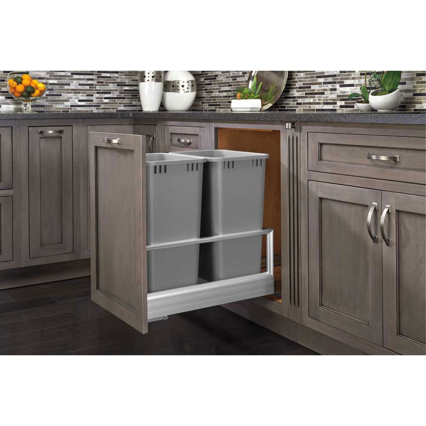 Rev-A-Shelf Double Pullout Kitchen Trash Can 50 qt., Silver, 5149-2150DM-217