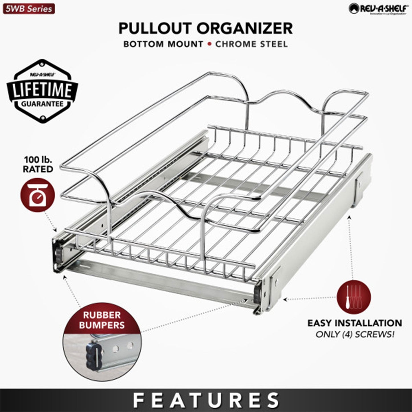 Rev-A-Shelf Pullout Basket Organizer for Kitchen or Vanity Cabinets,12 x 20 In,  5WB1-1220CR-1