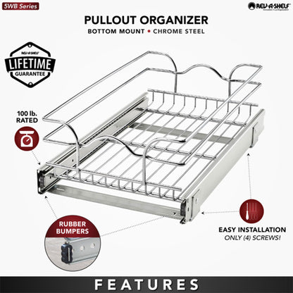 Rev-A-Shelf Pullout Basket Organizer for Kitchen or Vanity Cabinets,12 x 20 In,  5WB1-1220CR-1