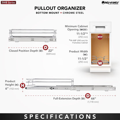 Rev-A-Shelf Pullout Single Basket Organizer for Kitchen Cabinets, 12 x 22 in, 5WB1-1222CR-1