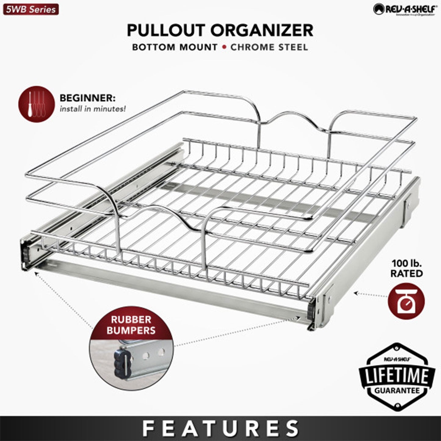 Rev-A-Shelf Pullout Basket Organizer for Kitchen or Vanity Cabinets, 18 x 20 In, 5WB1-1820CR-1