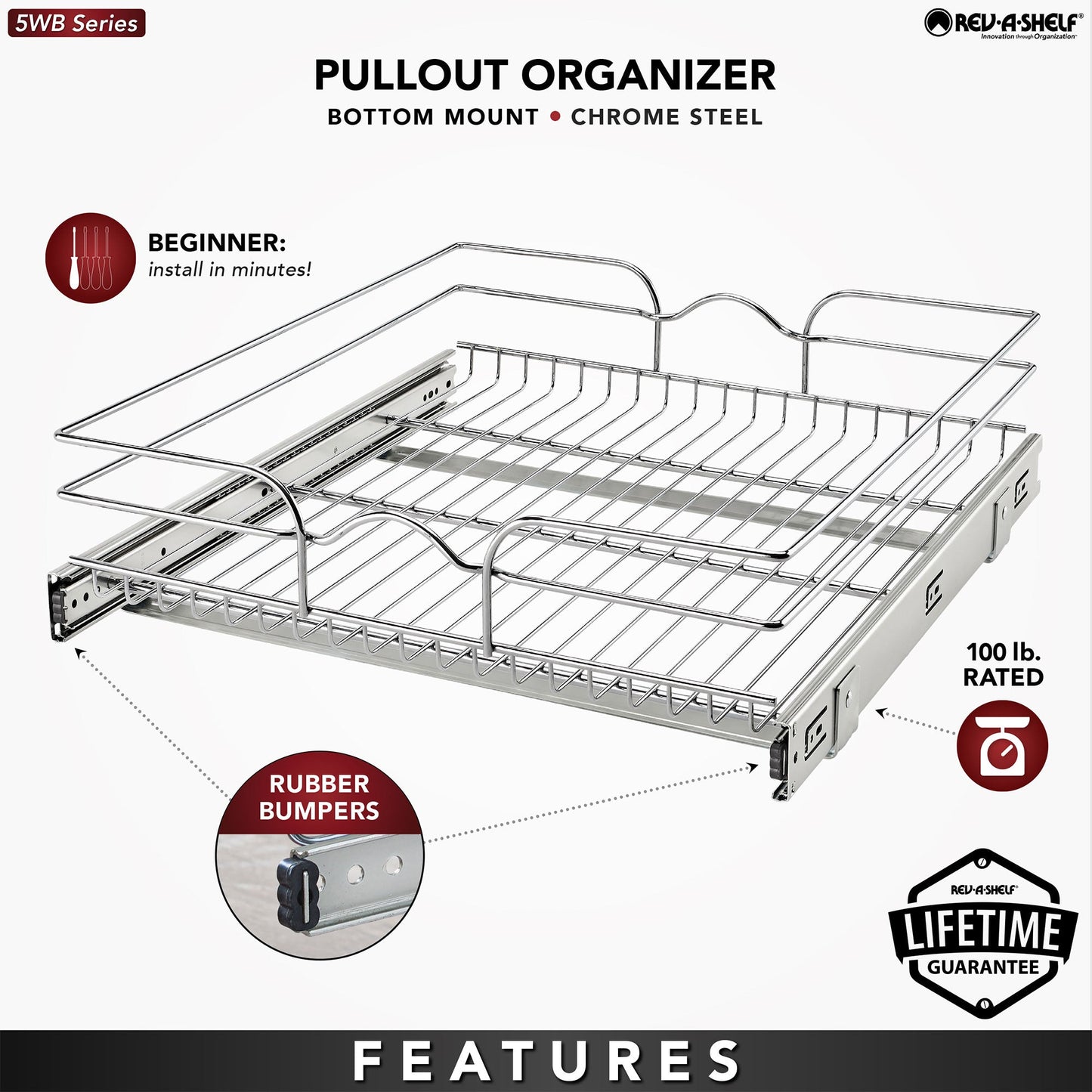 Rev-A-Shelf Pullout Single Basket Organizer for Kitchen Cabinets, 21 x 22 In, 5WB1-2122CR-1