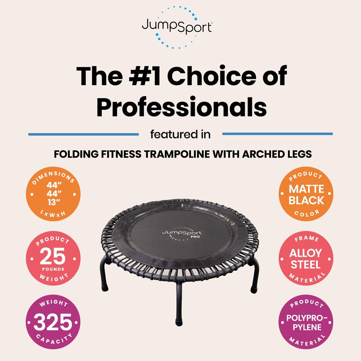 JumpSport 550f PRO Indoor Lightweight 44 Inch Folding Fitness Trampoline, Black