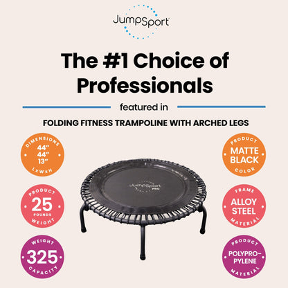 JumpSport 550f PRO Indoor Lightweight 44 Inch Folding Fitness Trampoline, Black