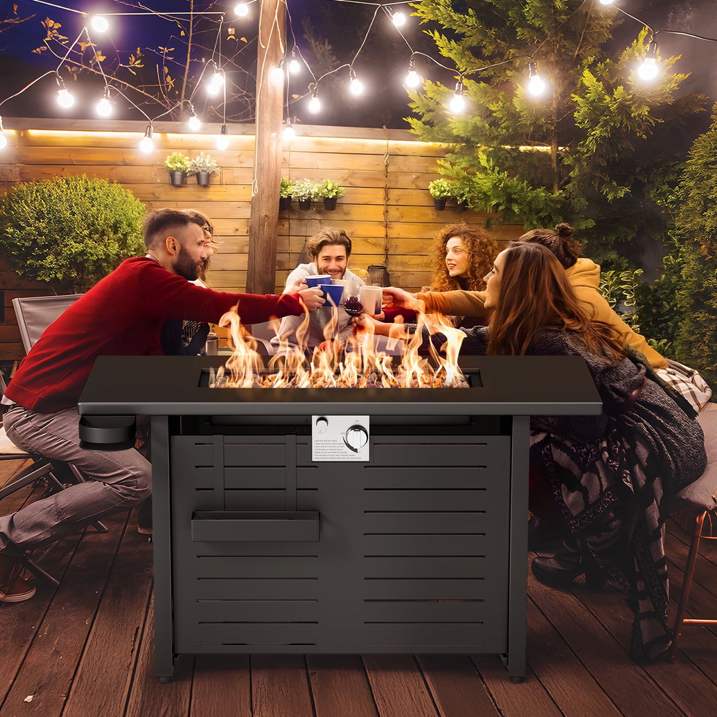 KingChii 45 inch Propane Fire Pit with Lid, Lava Stone, 60,000 BTU Steel Gas Fire Pit Table for Outdoor, Garden, Patio and Backyard, Black