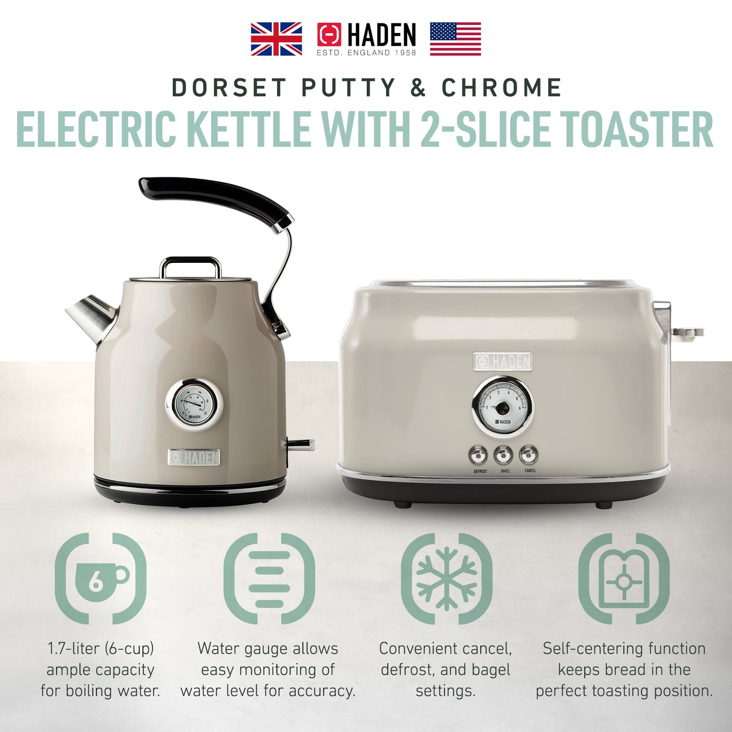 Haden Dorset 2 Slice Wide Slot Toaster & Electric Water Kettle, Putty & Chrome