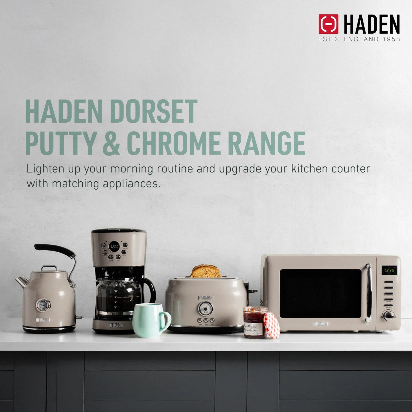 Haden Dorset 2 Slice Wide Slot Toaster & Electric Water Kettle, Putty & Chrome