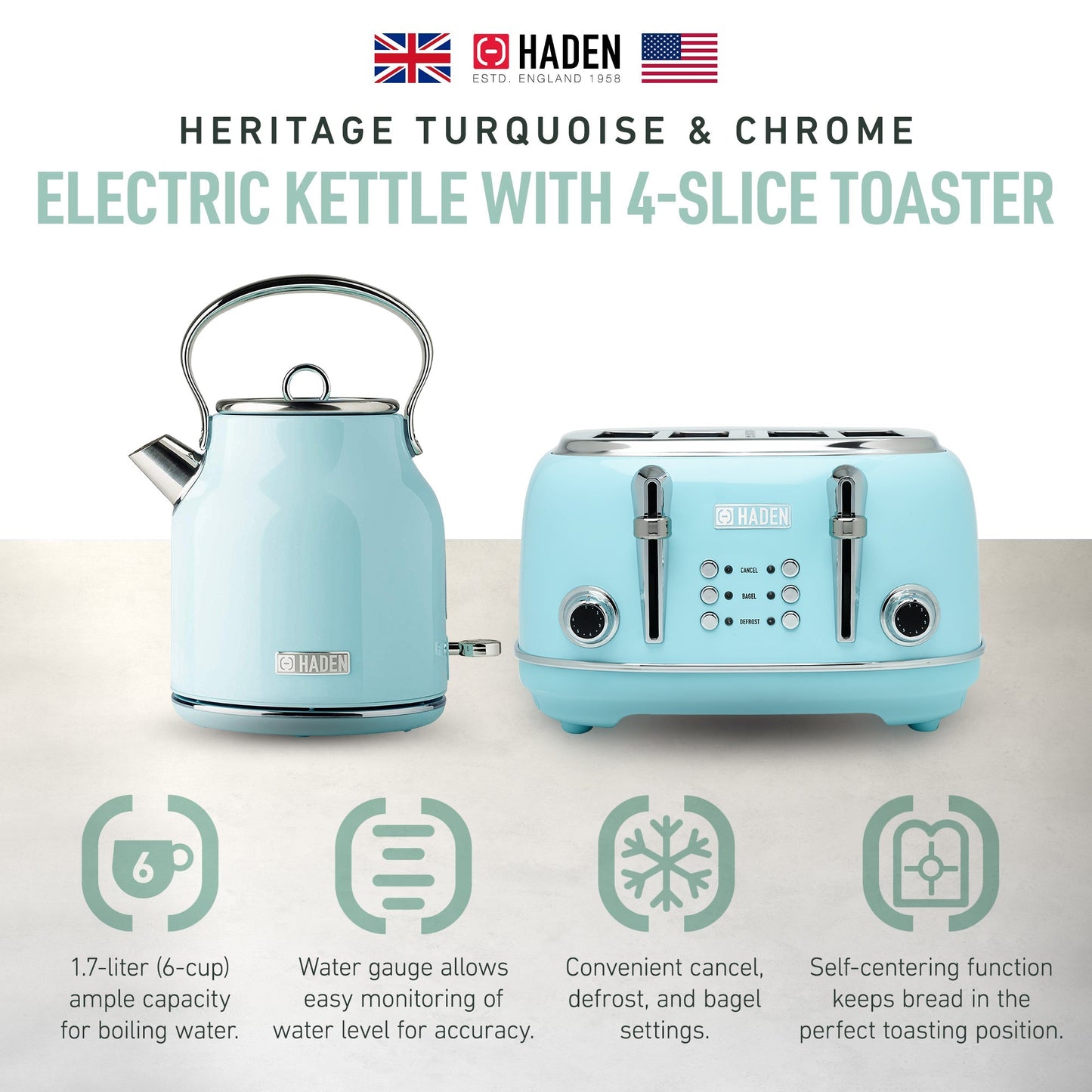 Haden Heritage 4 Slice Wide Slot Toaster & Electric Kettle, Turquoise & Chrome