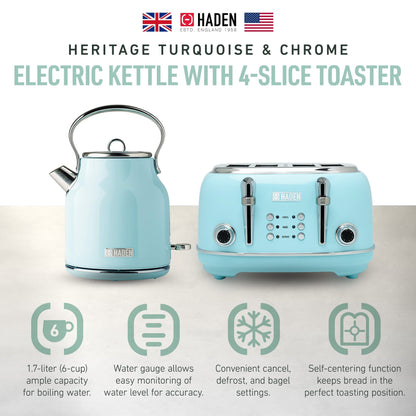 Haden Heritage 4 Slice Wide Slot Toaster & Electric Kettle, Turquoise & Chrome
