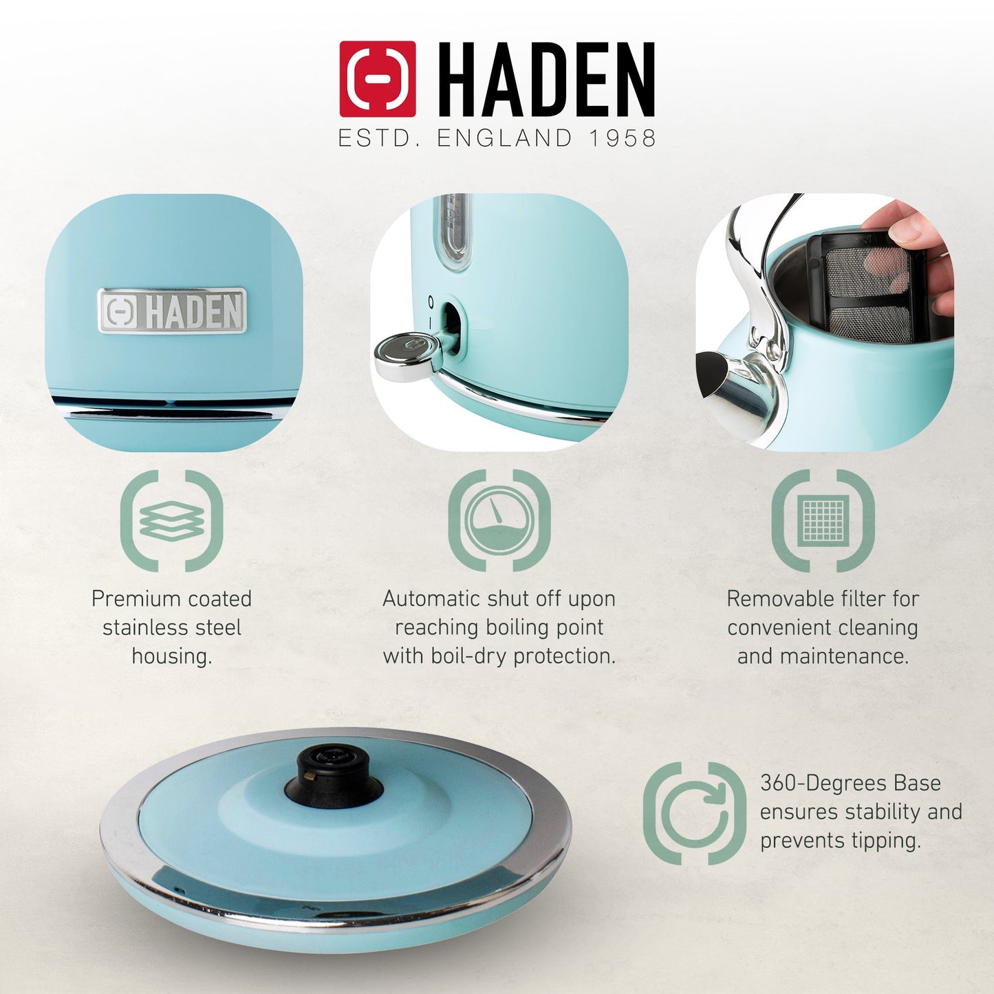 Haden Heritage 4 Slice Wide Slot Toaster & Electric Kettle, Turquoise & Chrome