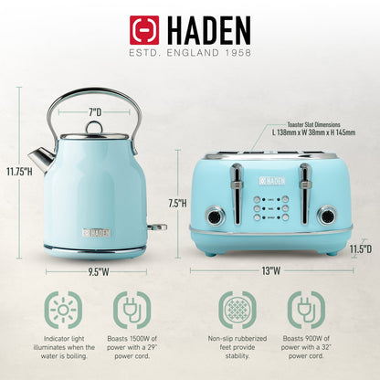 Haden Heritage 4 Slice Wide Slot Toaster & Electric Kettle, Turquoise & Chrome