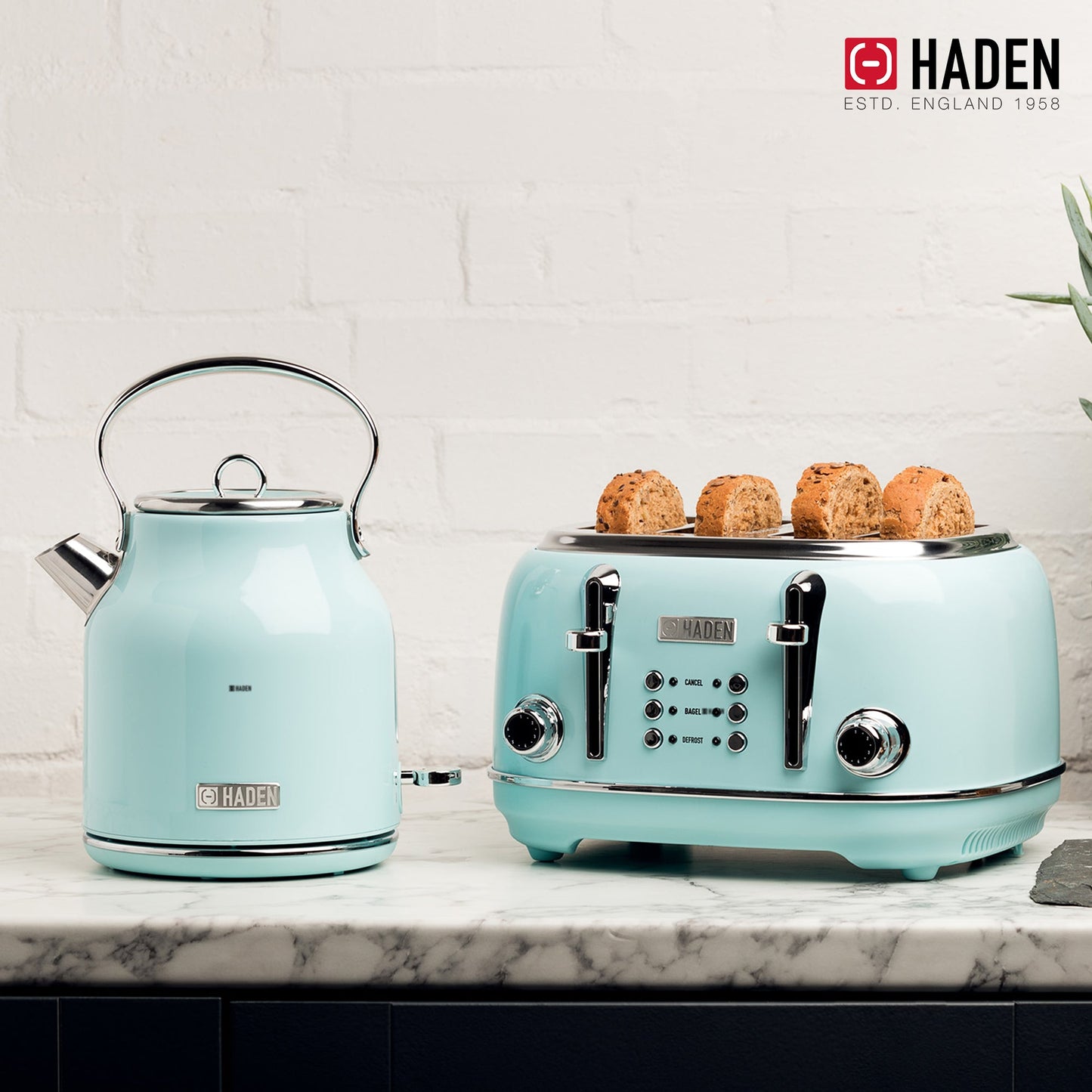 Haden Heritage 4 Slice Wide Slot Toaster & Electric Kettle, Turquoise & Chrome