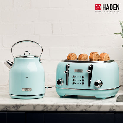 Haden Heritage 4 Slice Wide Slot Toaster & Electric Kettle, Turquoise & Chrome