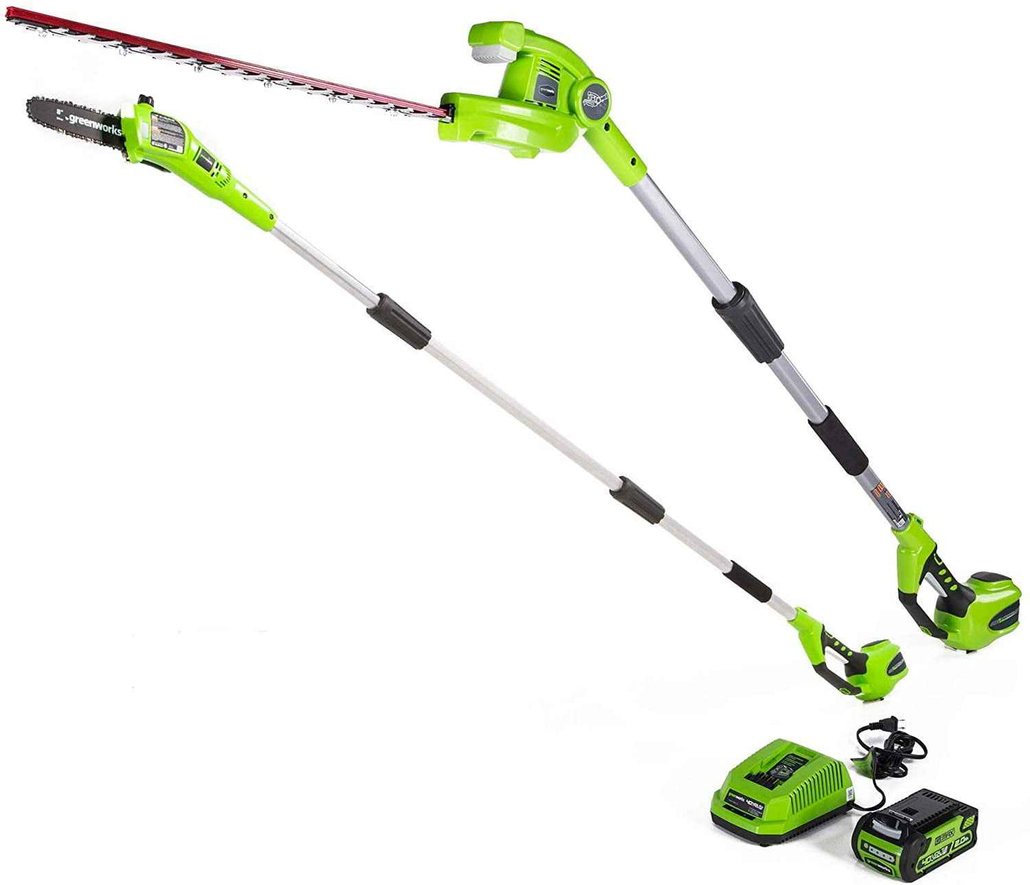 Greenworks 40V 20" Battery Powered Pole Saw with Hedge Trimmer Attachment + 2.0 Ah Battery and Charger