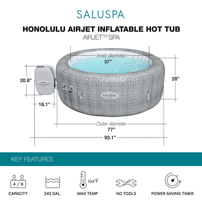 Bestway SaluSpa Honolulu AirJet Inflatable Hot Tub with 140 Soothing Jets, Gray