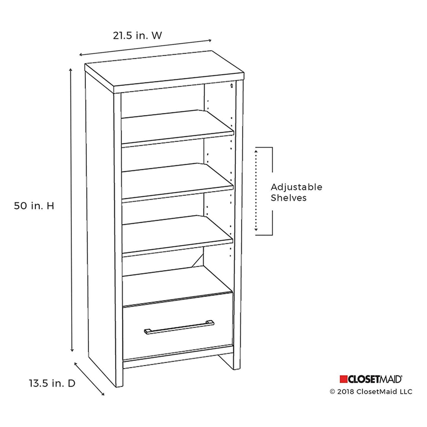 ClosetMaid 165100 Decorative Media Storage Tower Bookcase with Drawer, White