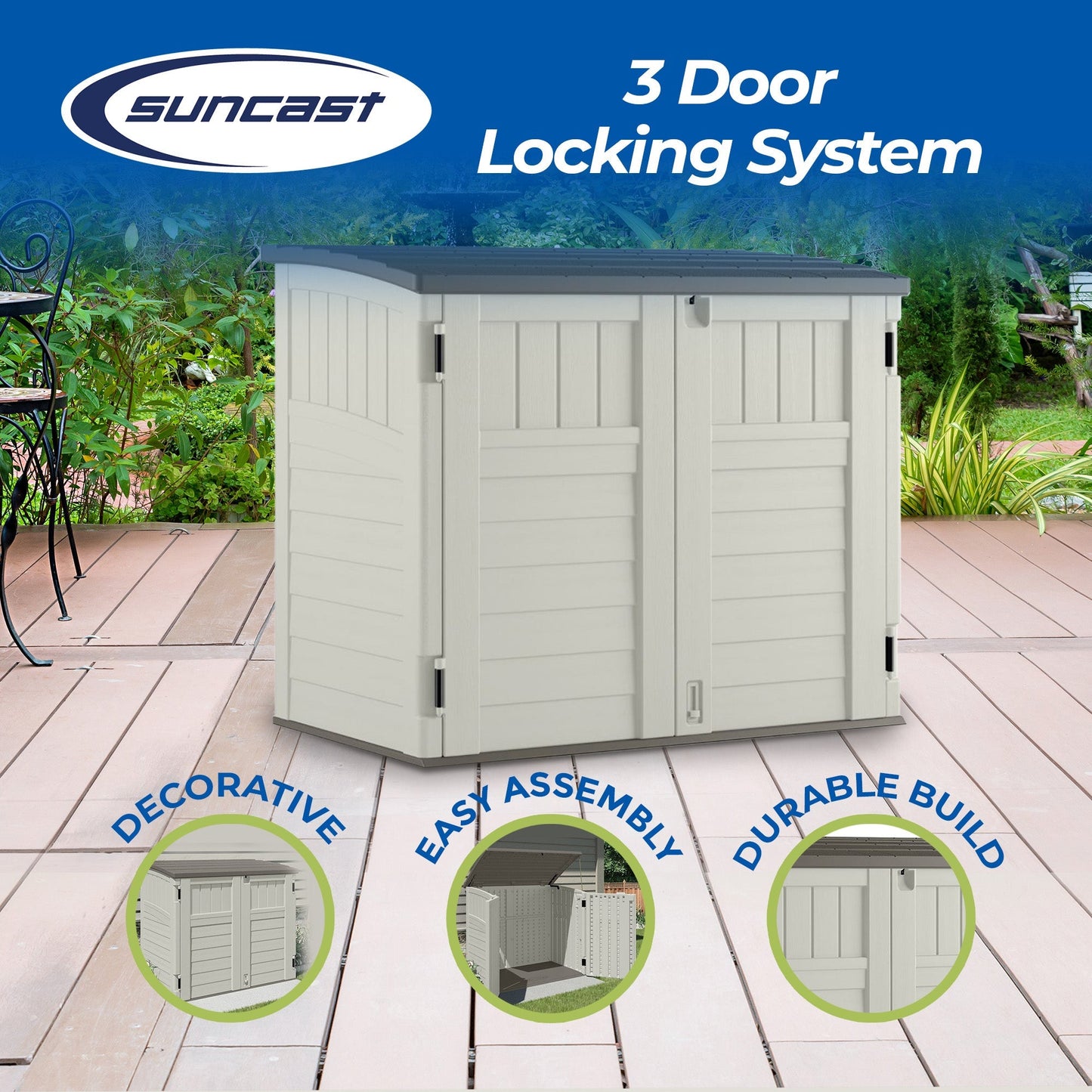 Suncast 3 Door Locking System Horizontal Storage Shed Stow Away, Ivory (3 Pack)